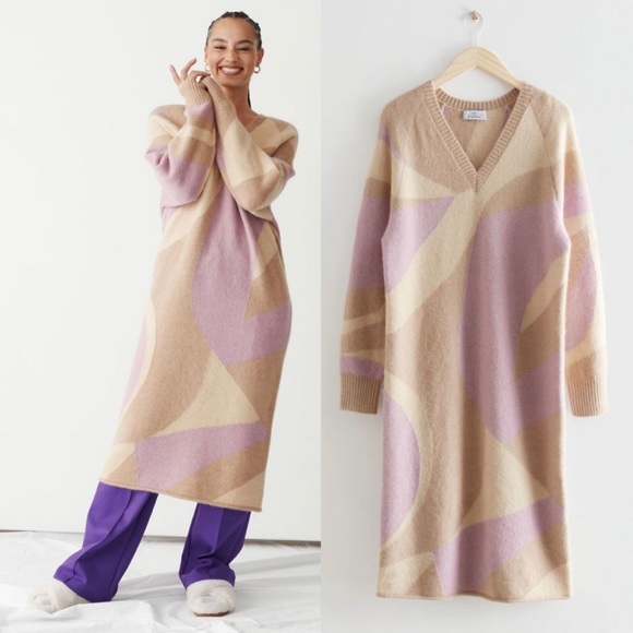 & Other Stories Dresses & Skirts - & Other Stories Intarsia Alpaca Wool Knit Midi Dress in Beige/Pink